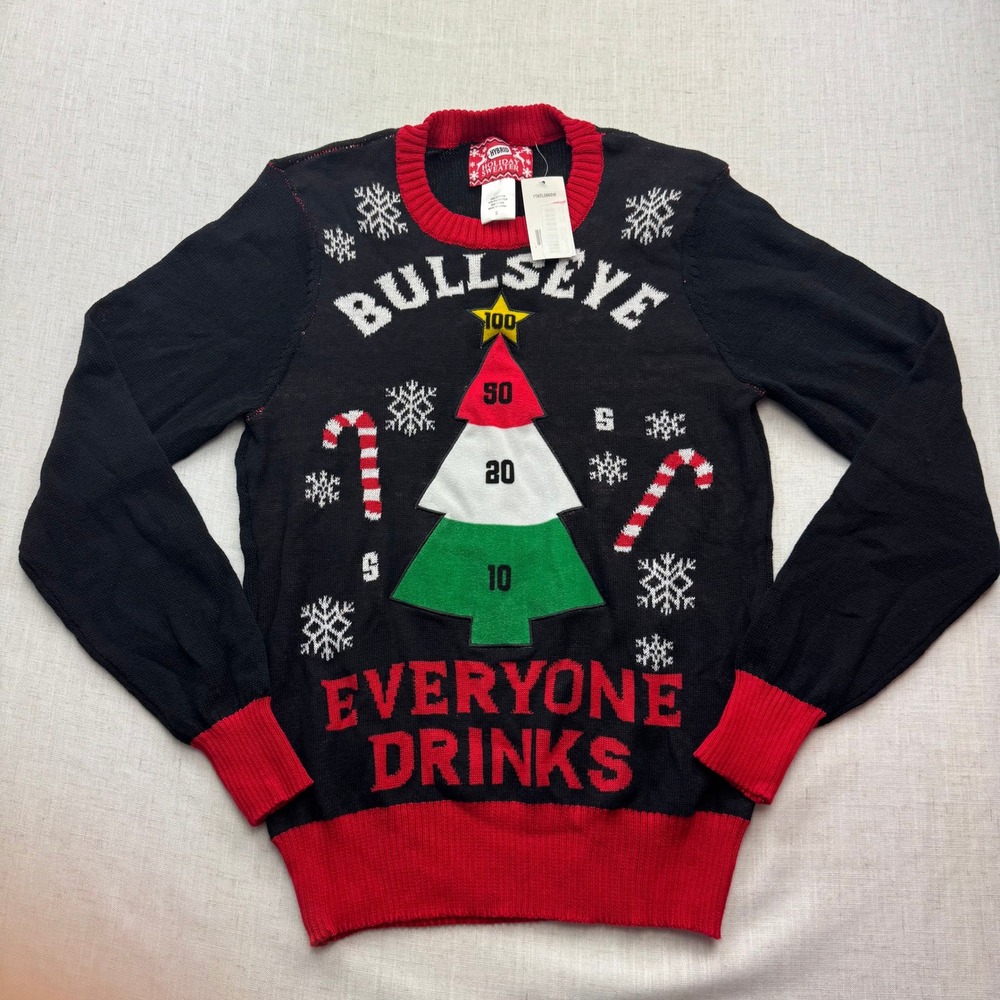 Hybrid Holiday Sweater Mens Small Black Bullseye Everyone Drinks Ugly Christmas